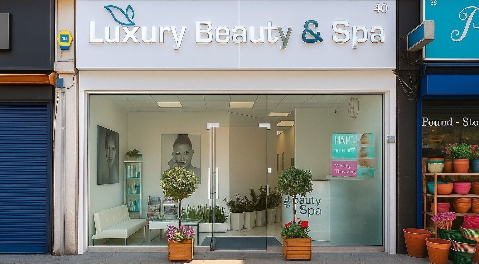 Front view of Luxury Beauty & Spa in London, England, GB, highlighting the stylish glass entrance.
