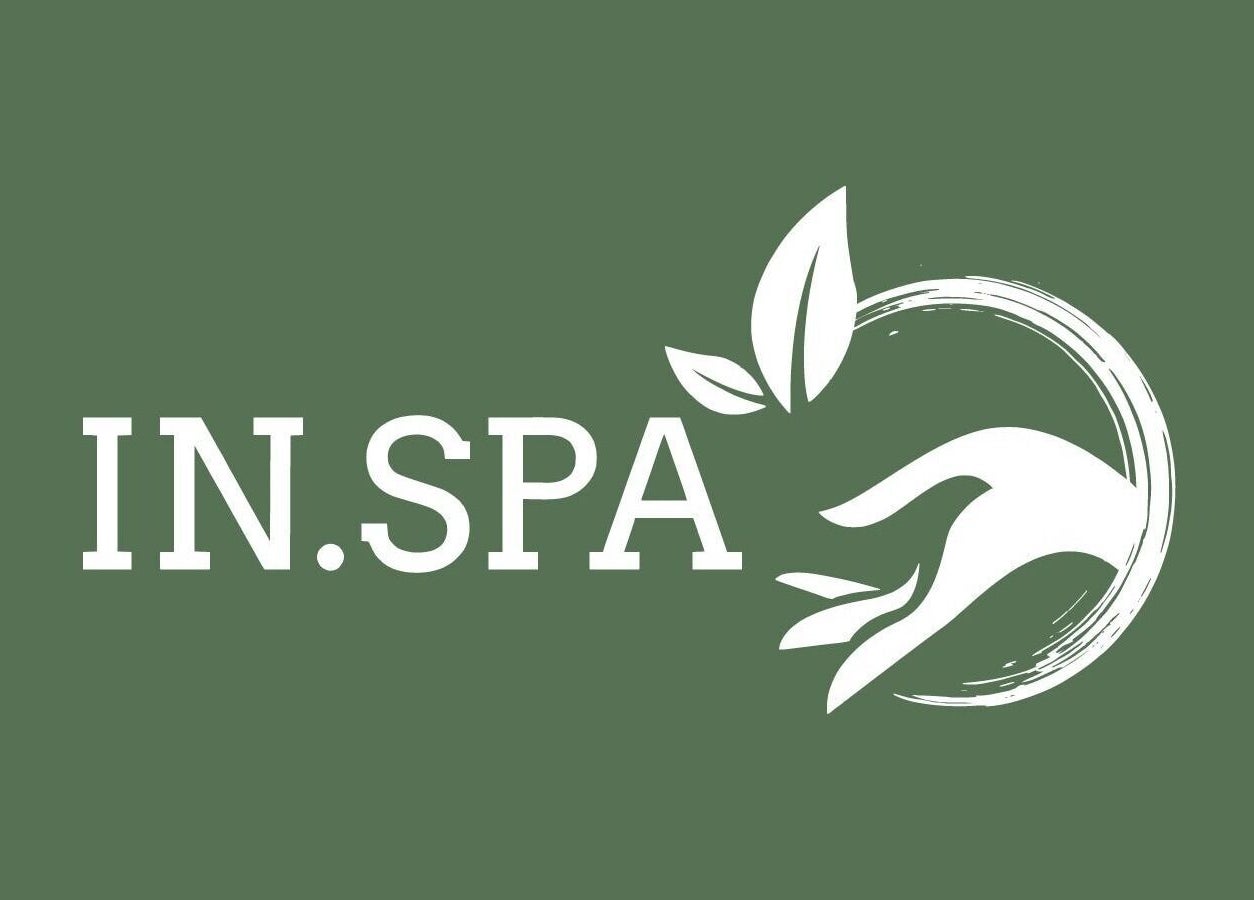 Logotip IN.SPA Šempeter Pri Gorici, Nova Gorica, SI, z roko in listi na zelenem ozadju.