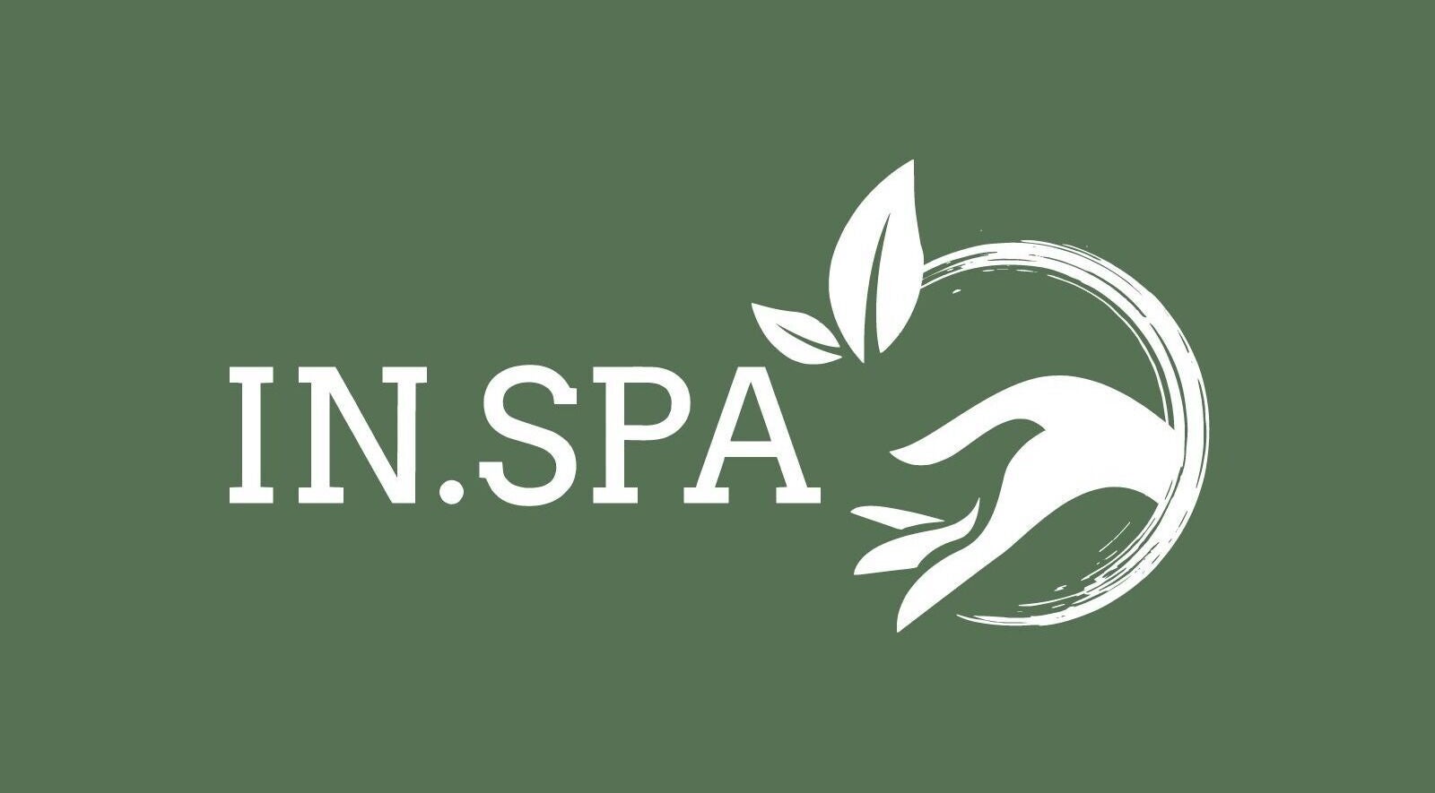 Logotip IN.SPA Šempeter Pri Gorici, Nova Gorica, SI, z roko in listi na zelenem ozadju.