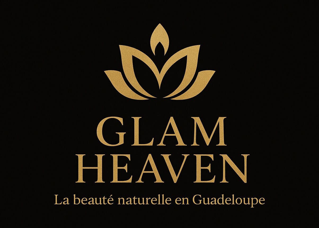 Logo élégant GLAM HEAVEN, PETIT BOURG, FR. Design floral doré sur fond noir.