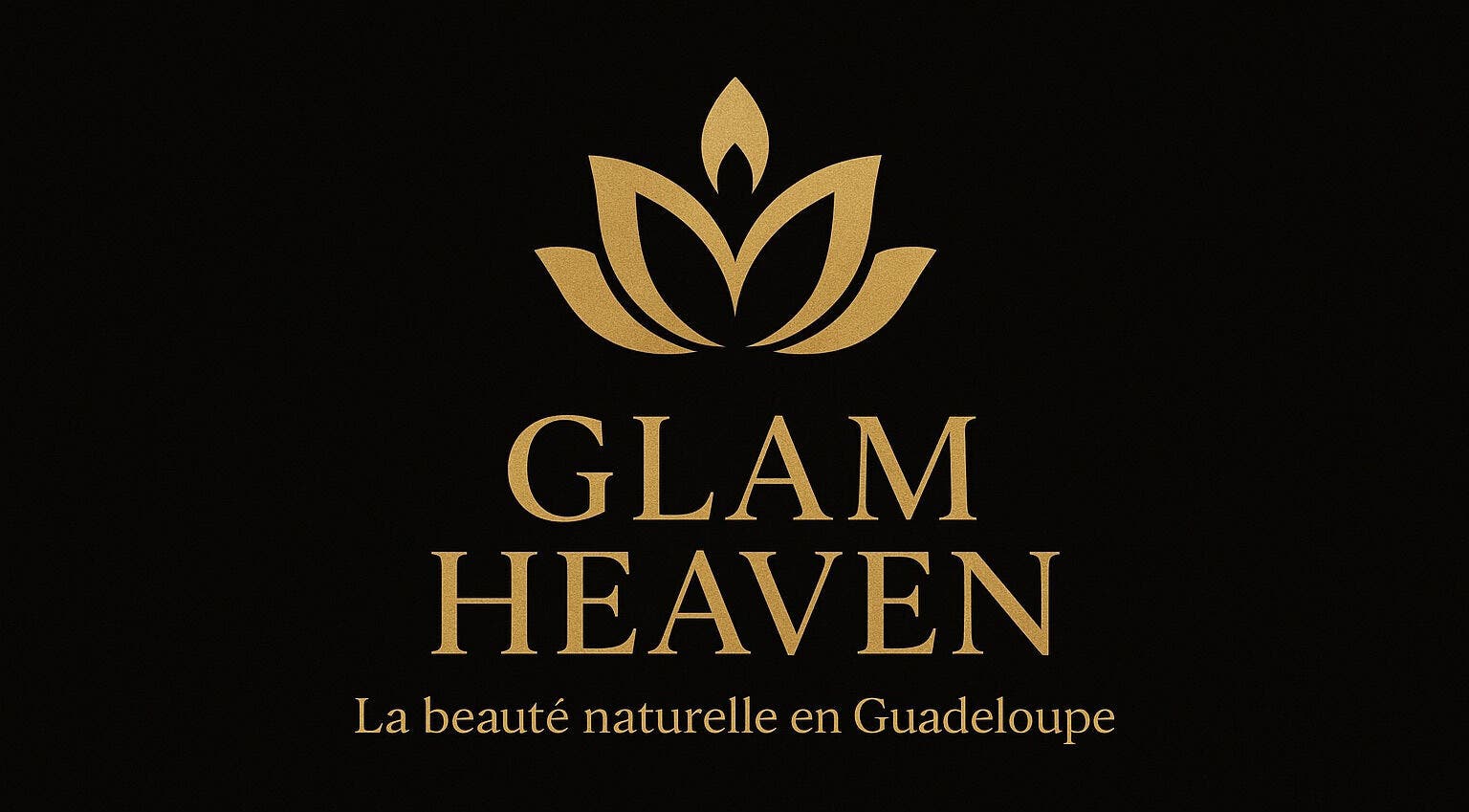 Logo élégant GLAM HEAVEN, PETIT BOURG, FR. Design floral doré sur fond noir.