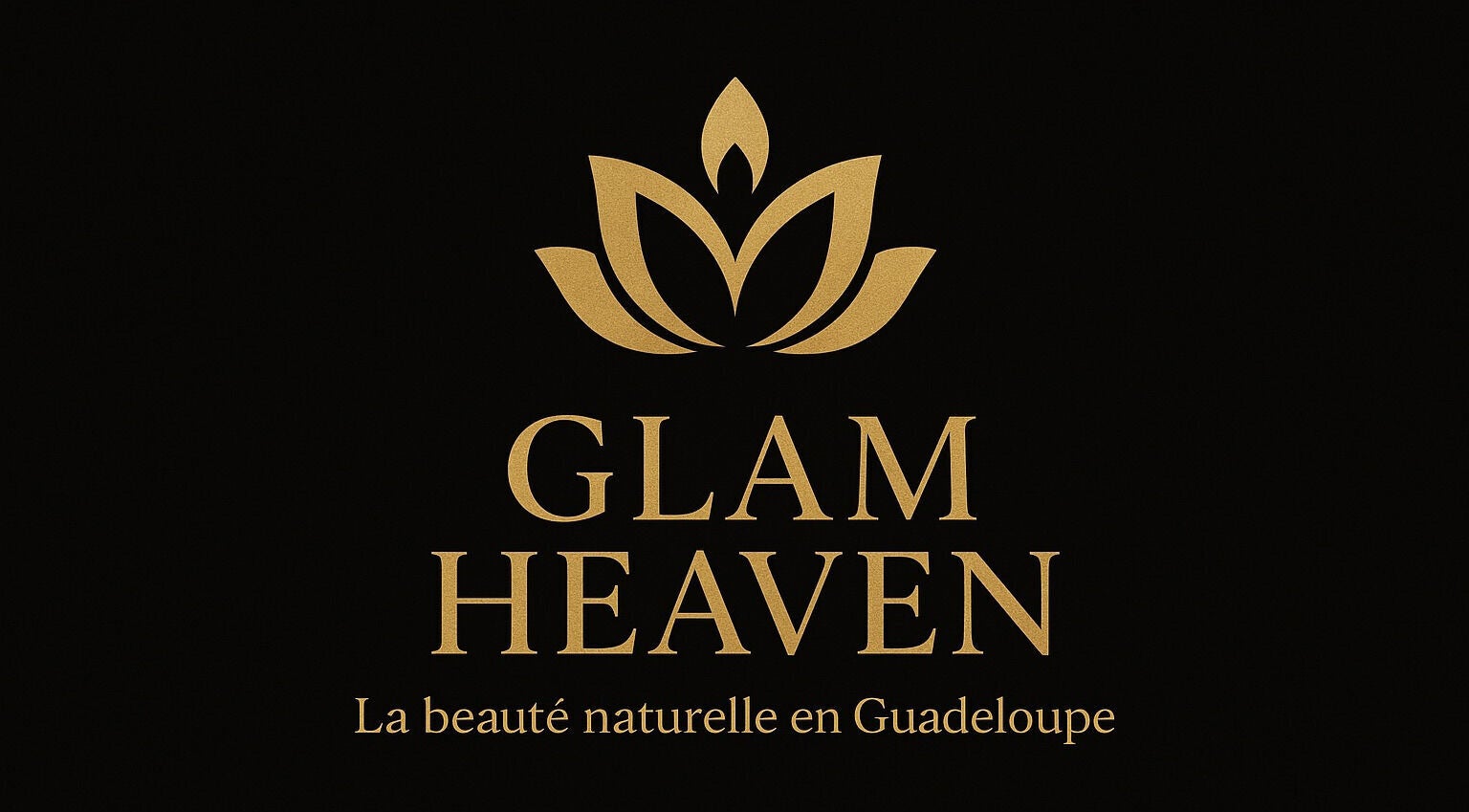 Logo élégant GLAM HEAVEN, PETIT BOURG, FR. Design floral doré sur fond noir.