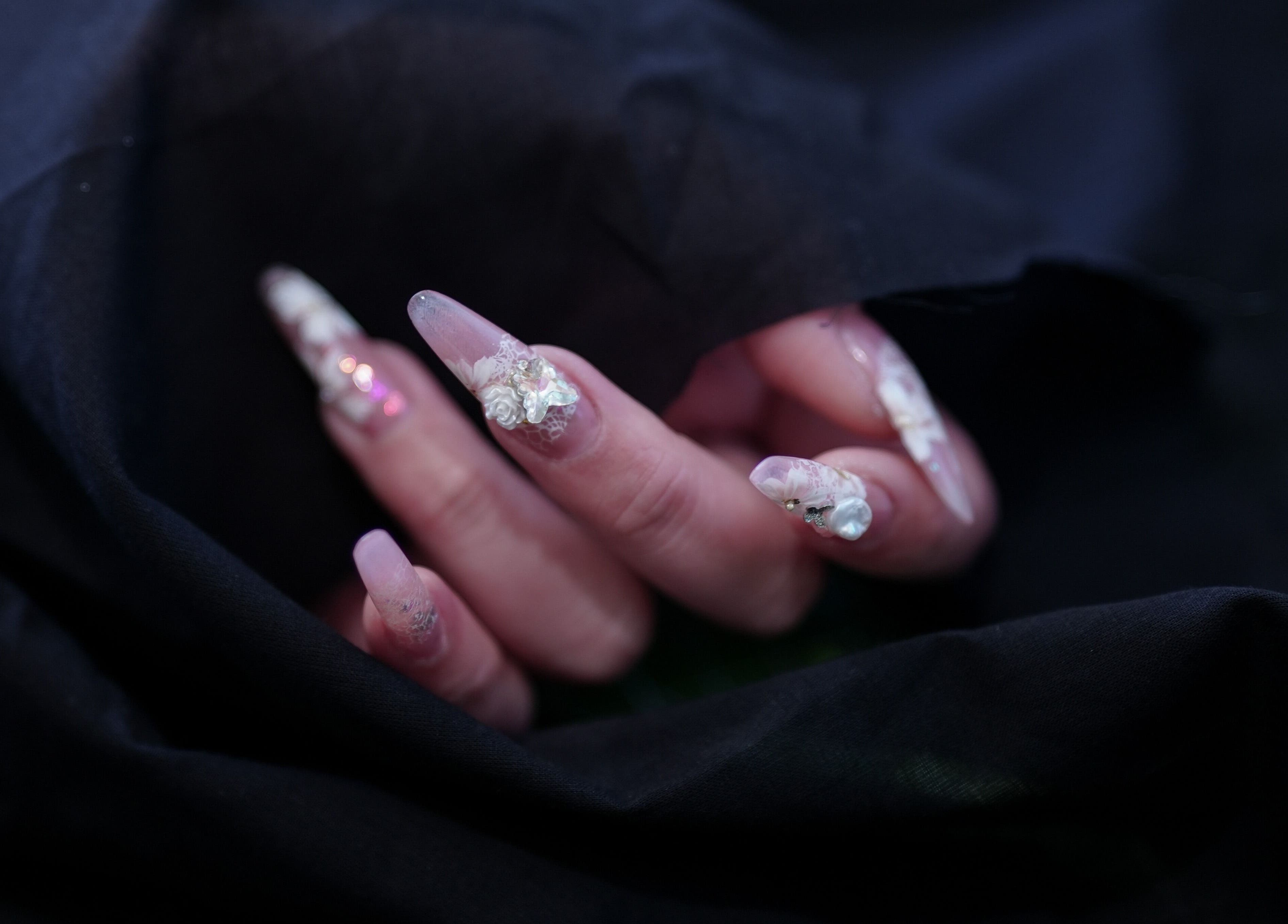 Intricate nail art with embellishments at Last Quarter Nail, Melbourne, Victoria, AU.