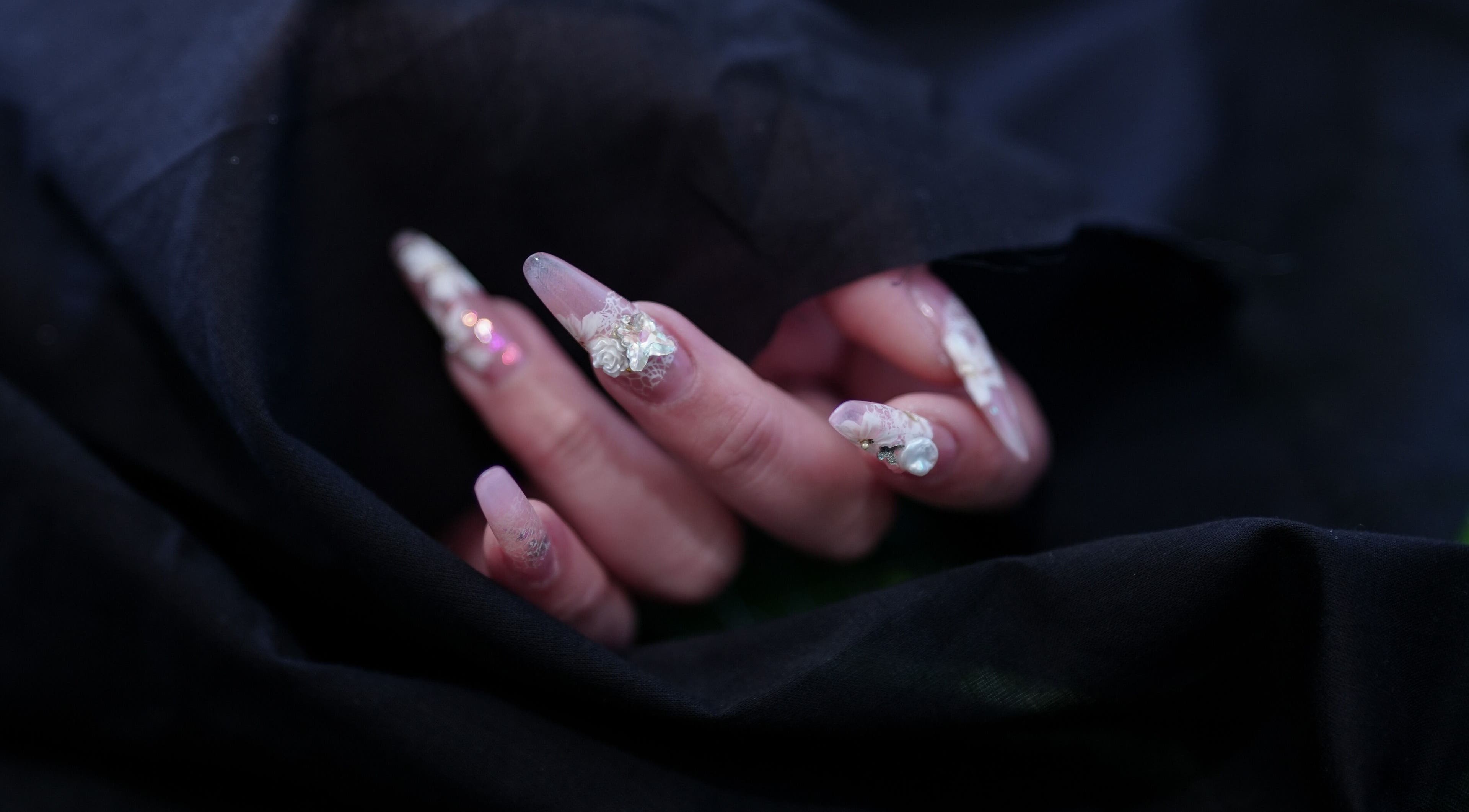 Intricate nail art with embellishments at Last Quarter Nail, Melbourne, Victoria, AU.