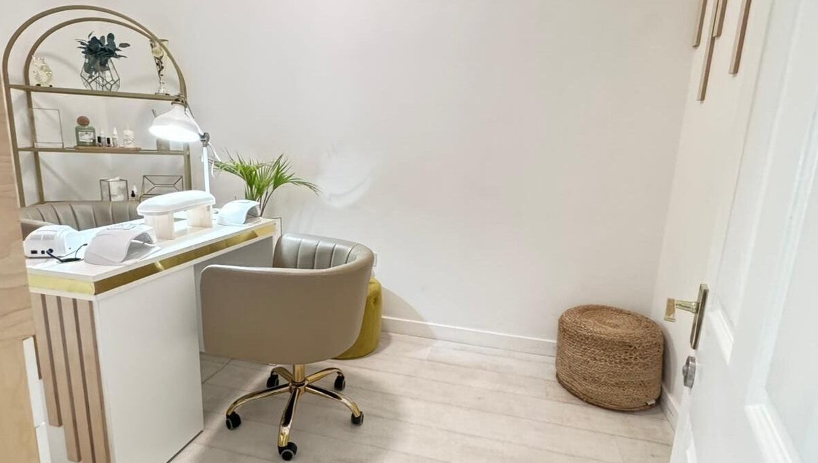 Cozy nail station at MP Nails and Beauty, Northampton, England, GB with chic furnishings and ambient lighting.