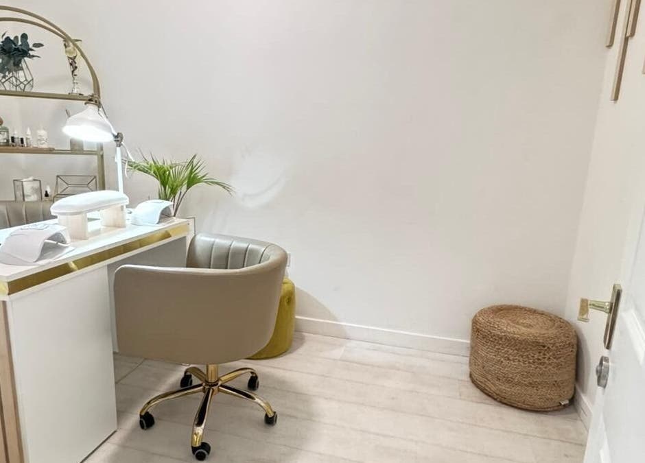 Cozy nail station at MP Nails and Beauty, Northampton, England, GB with chic furnishings and ambient lighting.