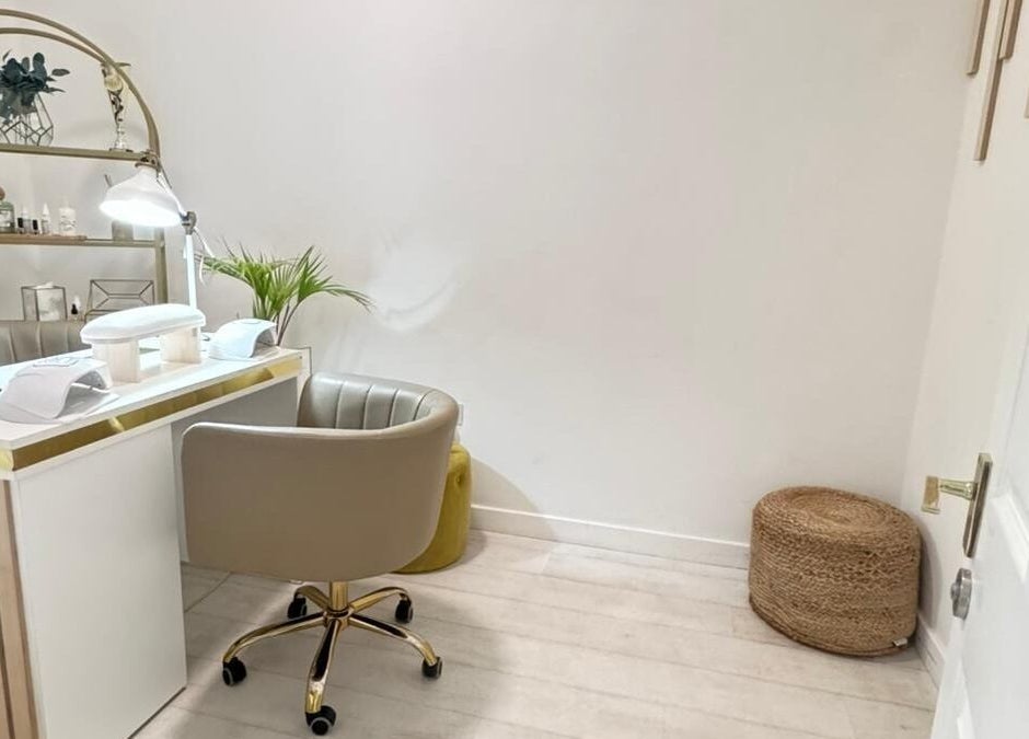 Cozy nail station at MP Nails and Beauty, Northampton, England, GB with chic furnishings and ambient lighting.