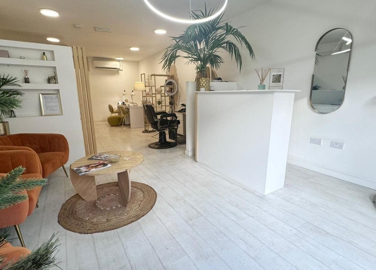 Bright interior of MP Nails and Beauty lounge in Northampton, England, GB with stylish seating and decor.