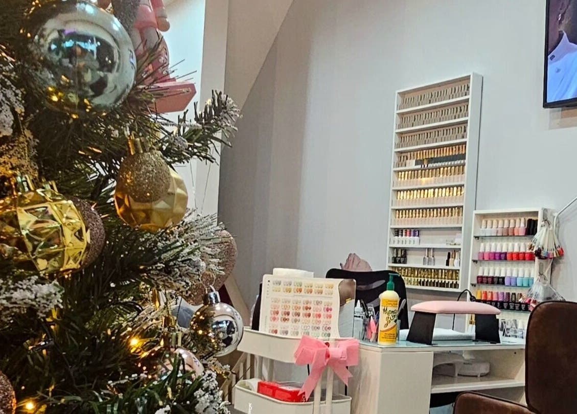 Festive decor and nail polish display at Nails by Julie @ Hair & Co London, London, England, GB.