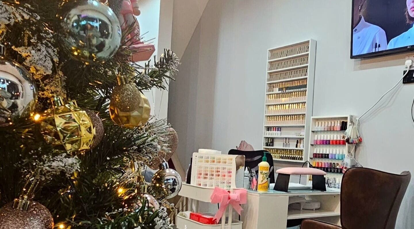 Festive decor and nail polish display at Nails by Julie @ Hair & Co London, London, England, GB.