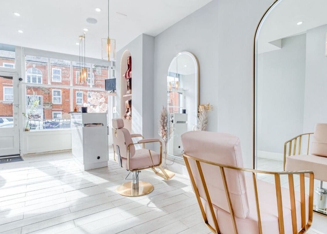 Chic salon interior at Nails by Julie @ Hair & Co London, beautiful seating and mirrors, London, England, GB.