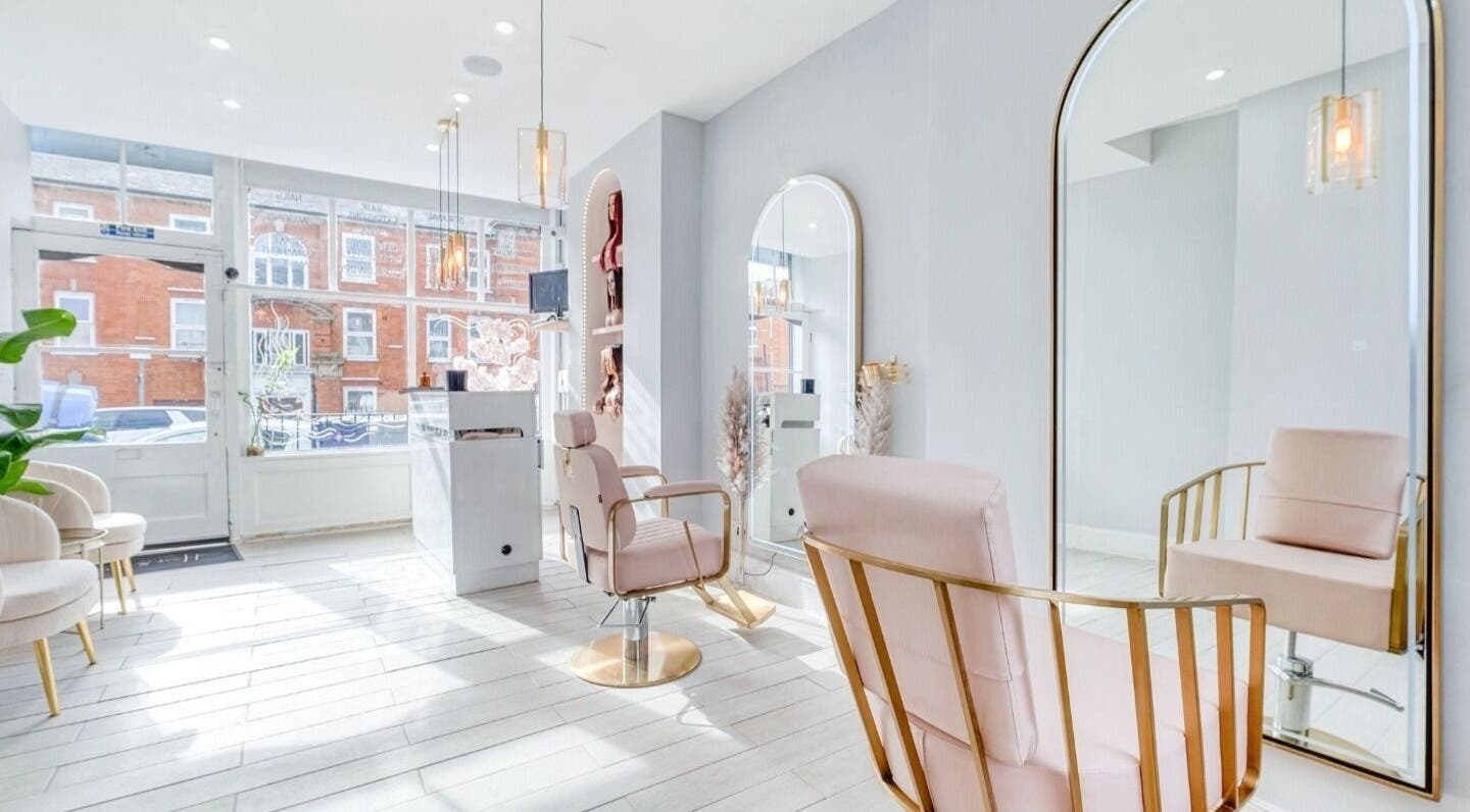Chic salon interior at Nails by Julie @ Hair & Co London, beautiful seating and mirrors, London, England, GB.