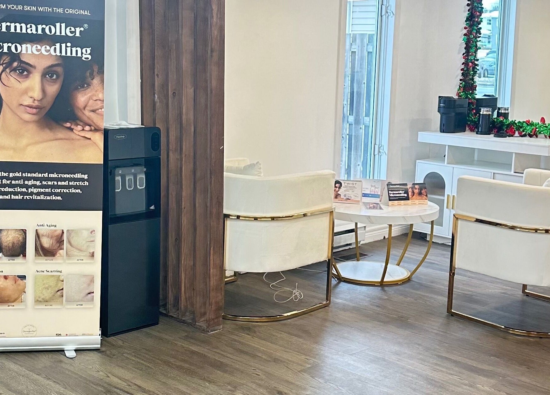 Mimi Medical Spa seating area in Dieppe, New Brunswick, CA featuring microneedling service poster.