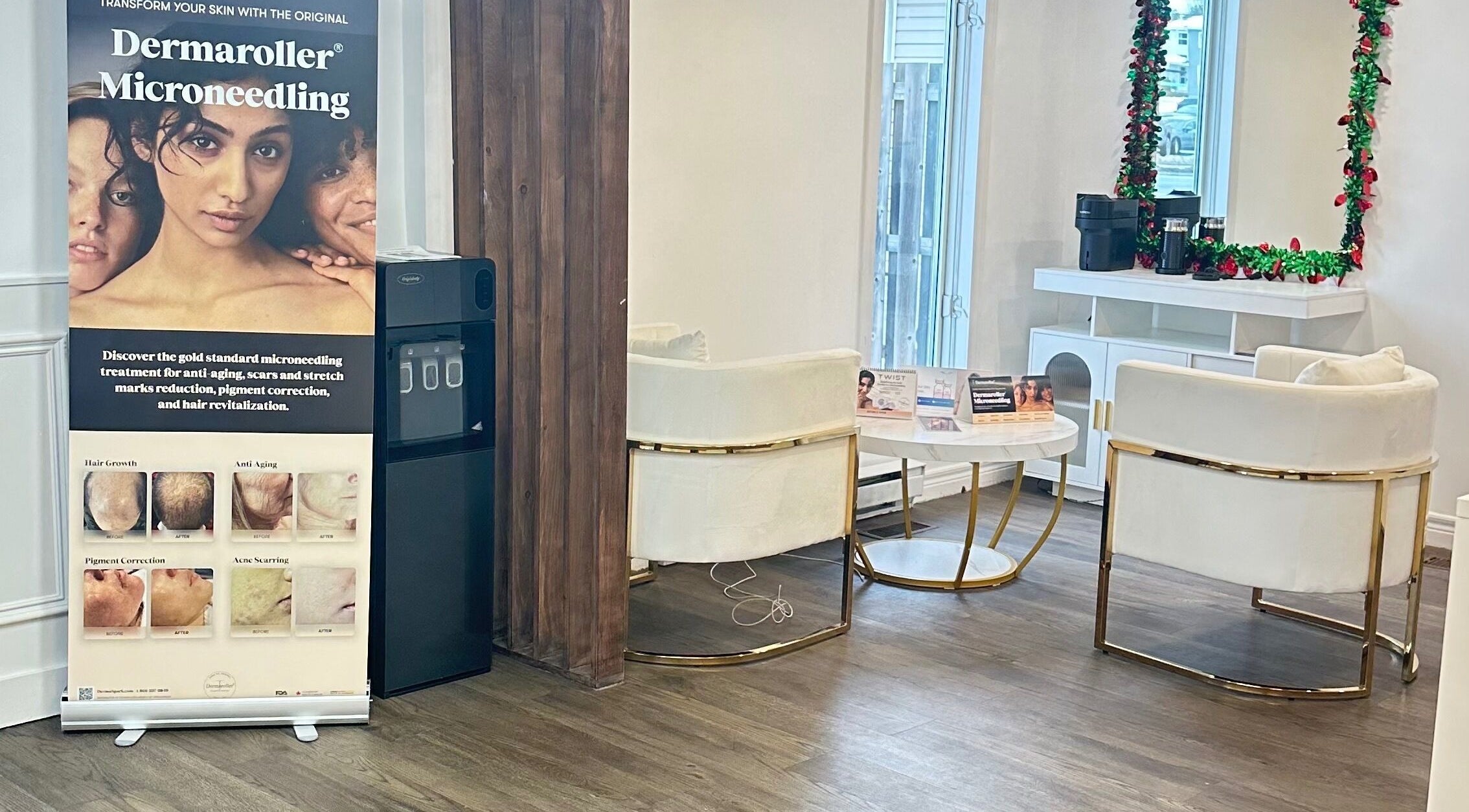 Mimi Medical Spa seating area in Dieppe, New Brunswick, CA featuring microneedling service poster.