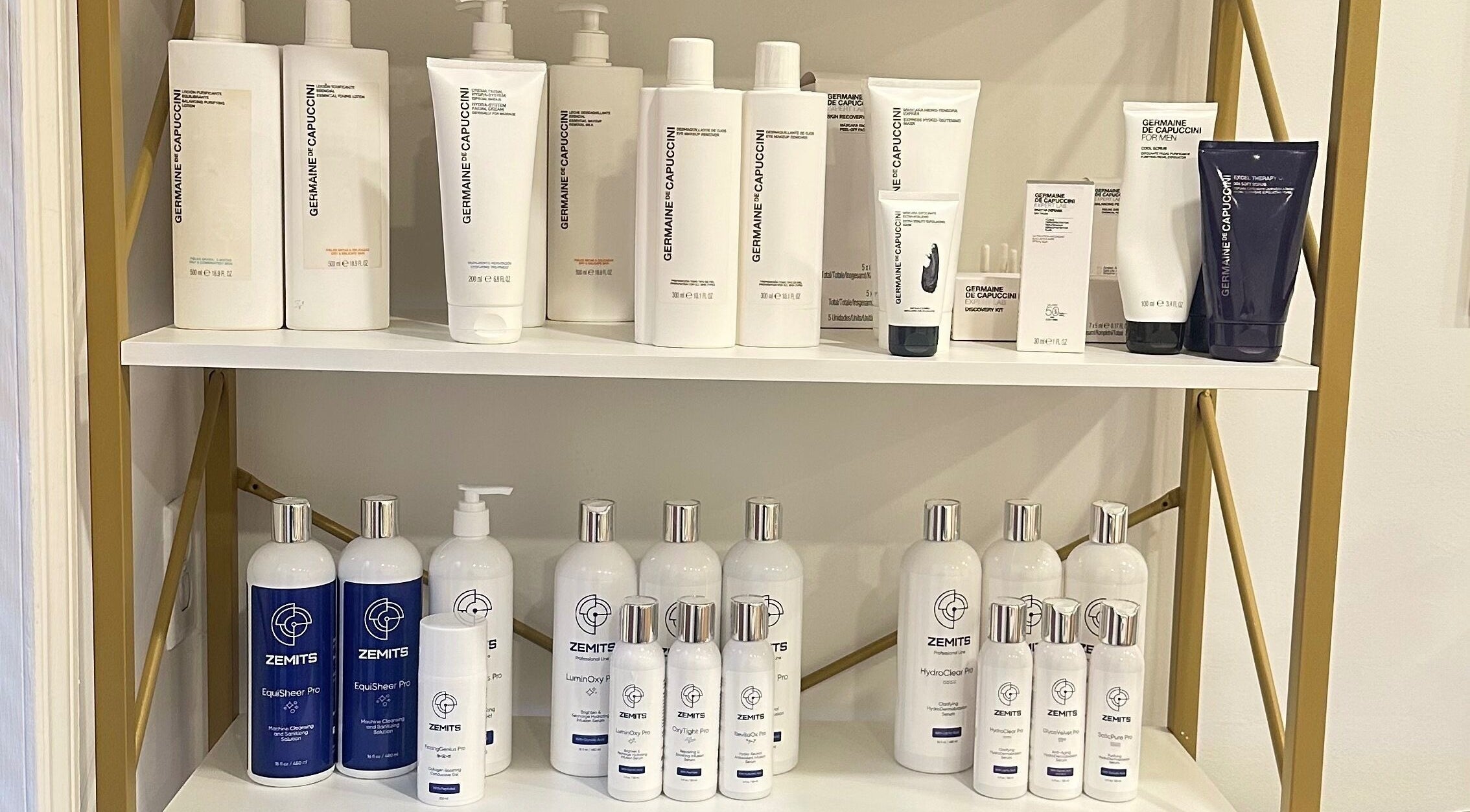 Shelves of luxury skincare products at Mimi Medical Spa, Dieppe, New Brunswick, CA.