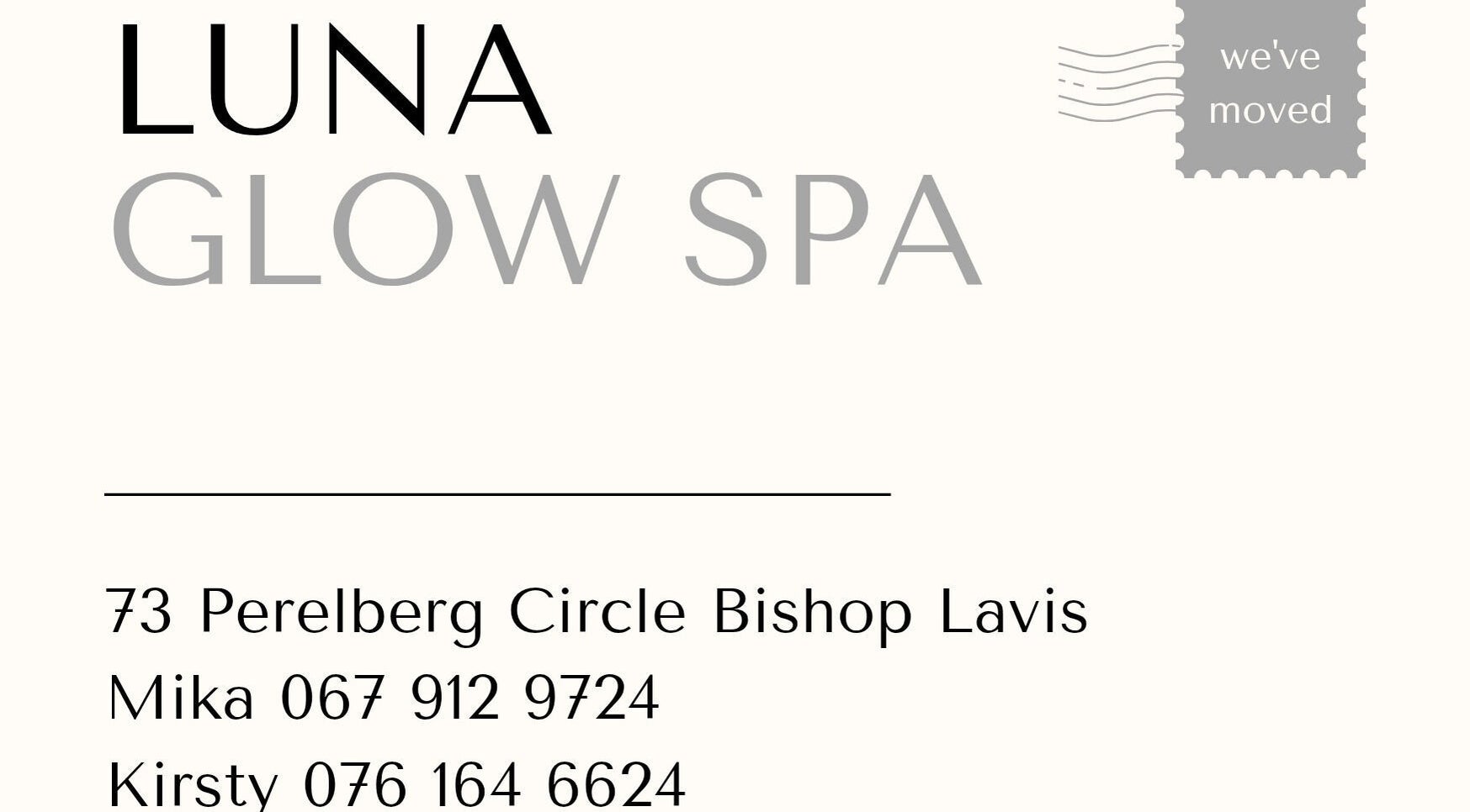 Luna Glow Spa relocation announcement, Cape Town, Western Cape, ZA.