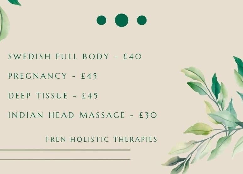 Massage services pricing at Fren Holistic Therapies, Londonderry, Northern Ireland, GB, featuring plant decor.