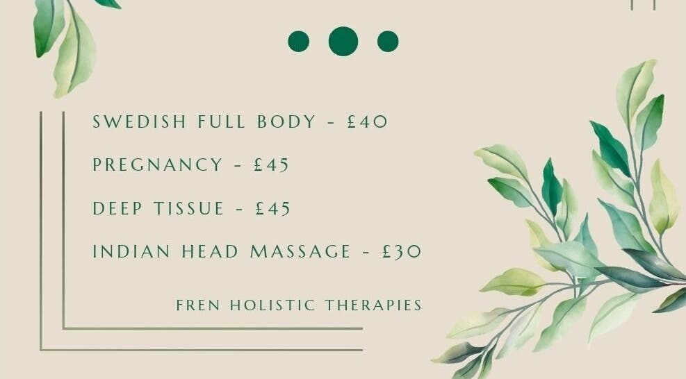 Massage services pricing at Fren Holistic Therapies, Londonderry, Northern Ireland, GB, featuring plant decor.