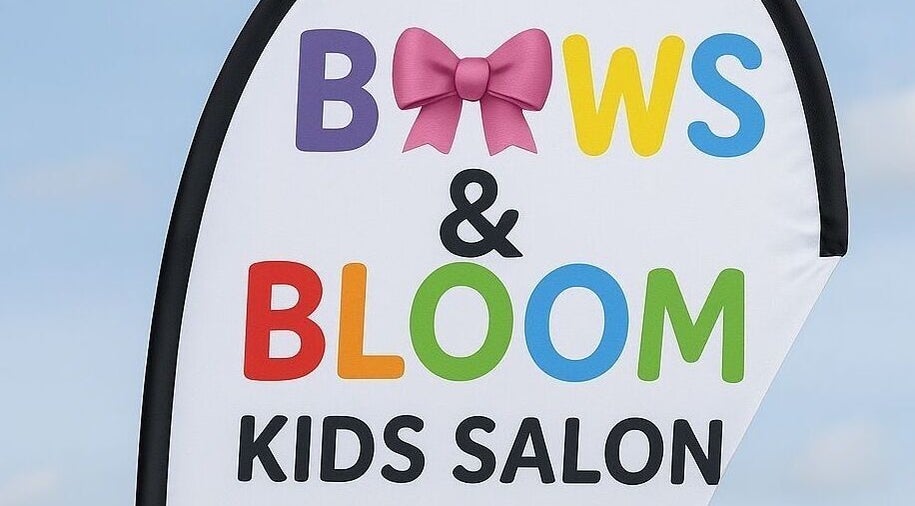 Colorful sign for B🎀ws & Bloom kids Salon in Cape Town, Western Cape, ZA with bow illustration.