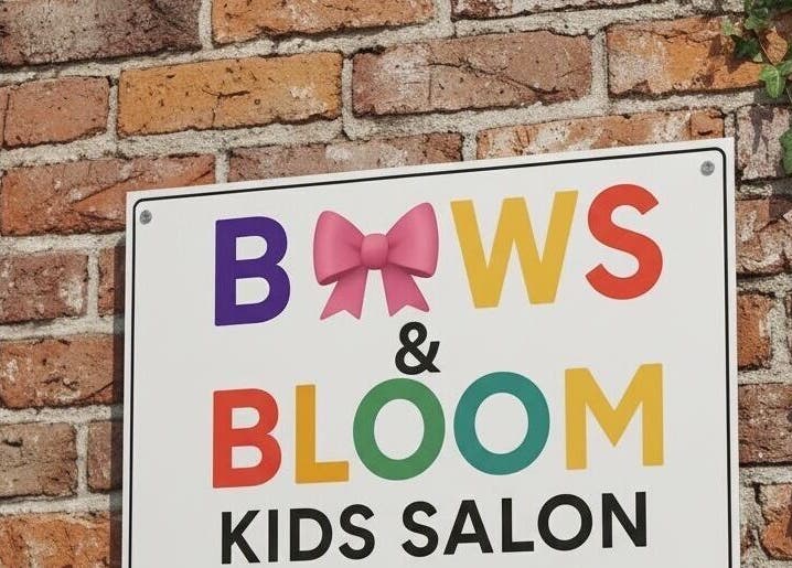 Sign for B🎀ws & Bloom kids Salon, Cape Town. Bright letters on brick wall highlight the cheerful venue.