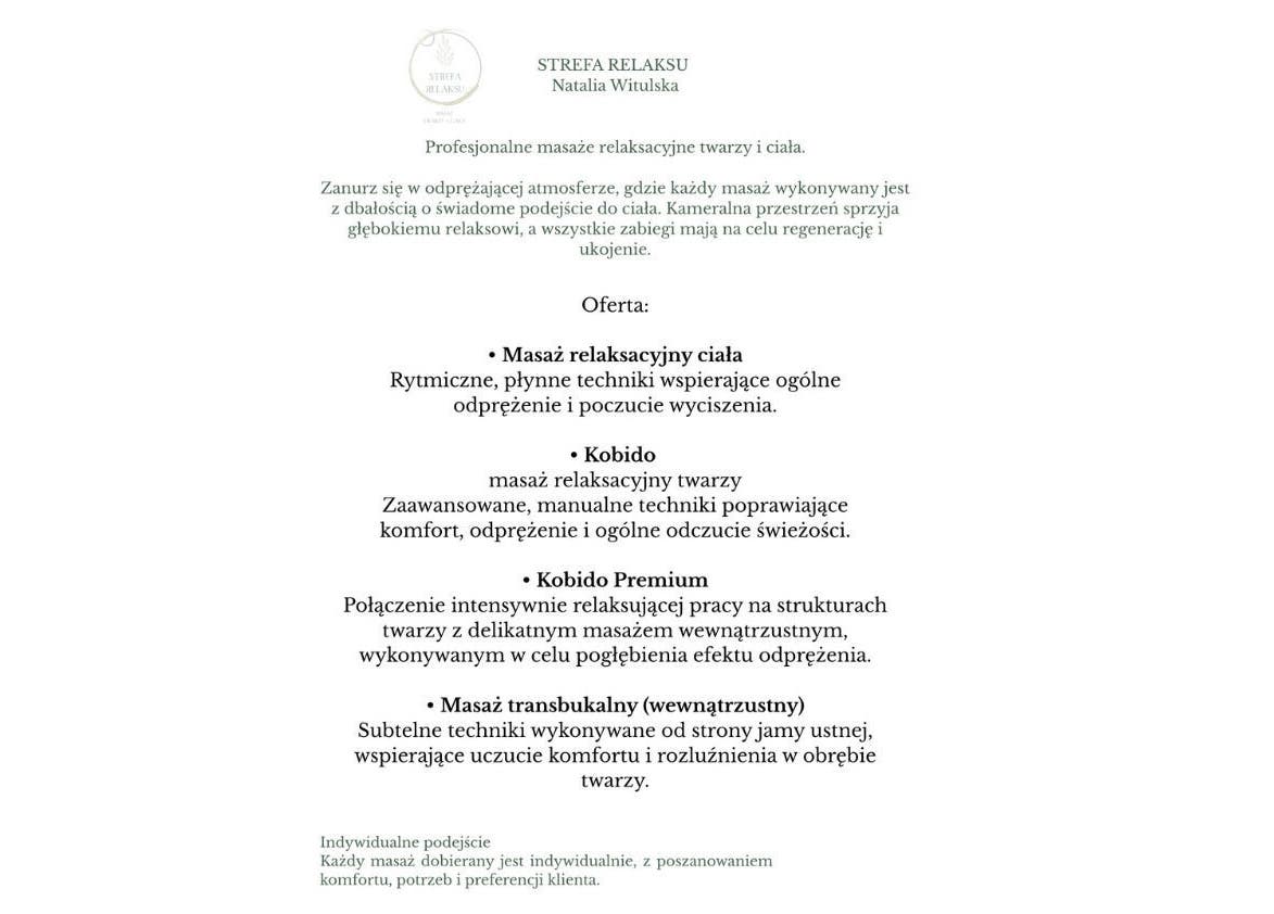 Oferta masaży w Strefa relaksu NW w Jelenia Góra, Województwo Dolnośląskie, PL. Relaksacyjne zabiegi ciała.