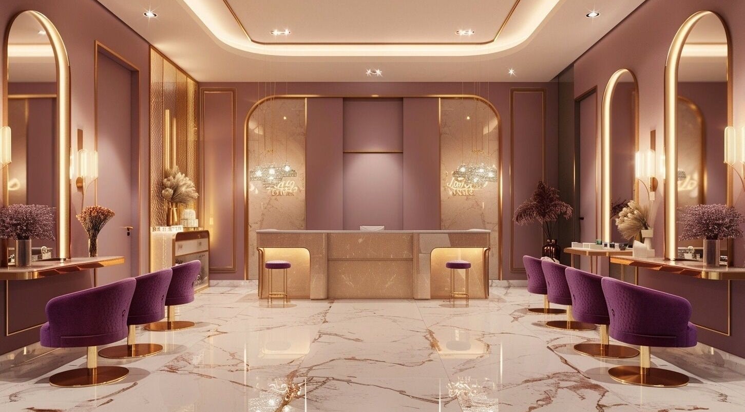 Elegant interior of KD Nail Play in Toledo, Ohio, US, showcasing plush seating and sophisticated decor.