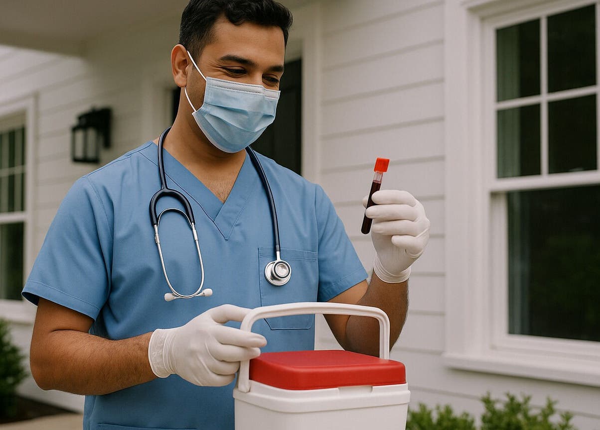 Phlebotomist at Easystiks Mobile Phlebotomy in West Sacramento, California, prepares sample with care.