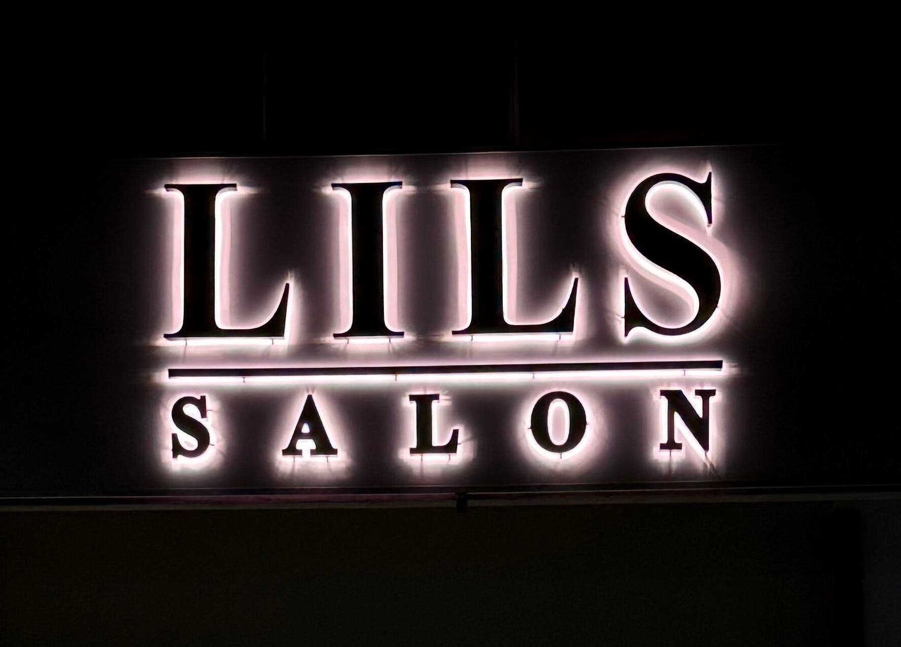 LILS SALON illuminated sign at night, Cyberjaya, Selangor, MY. Modern elegance in a serene setting.