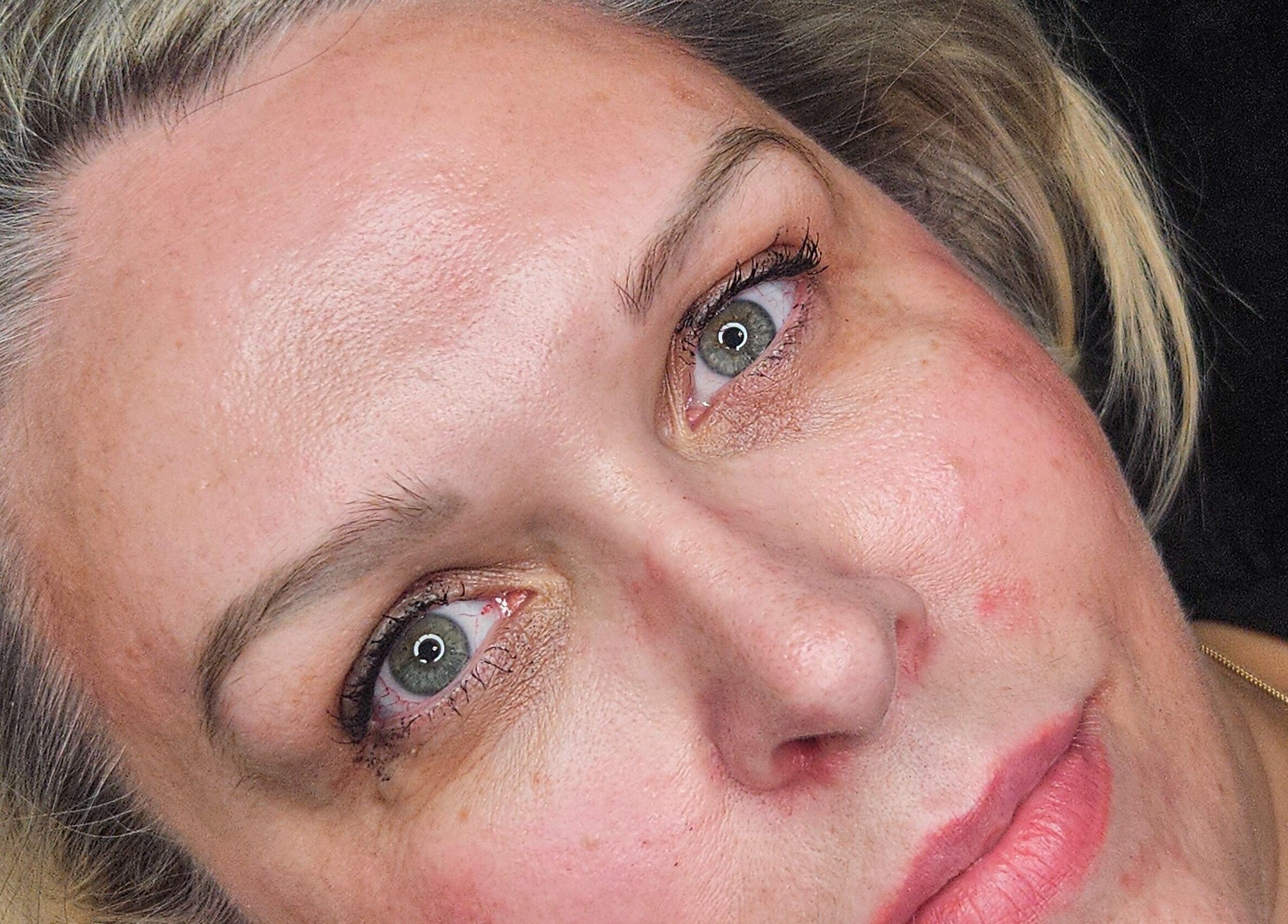 Close-up of a client's eyes post-procedure at Cry Baby Cosmetic Ink, Melbourne, Victoria, AU.