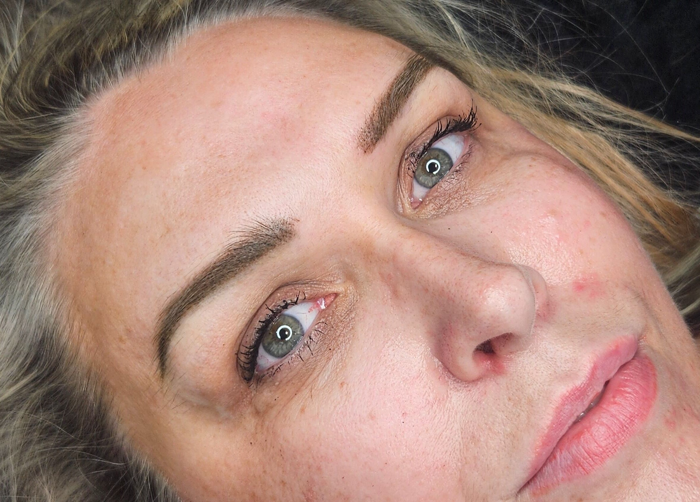 Close-up of fresh microblading at Cry Baby Cosmetic Ink, Melbourne, Victoria, AU. Showcasing eyebrow artistry.