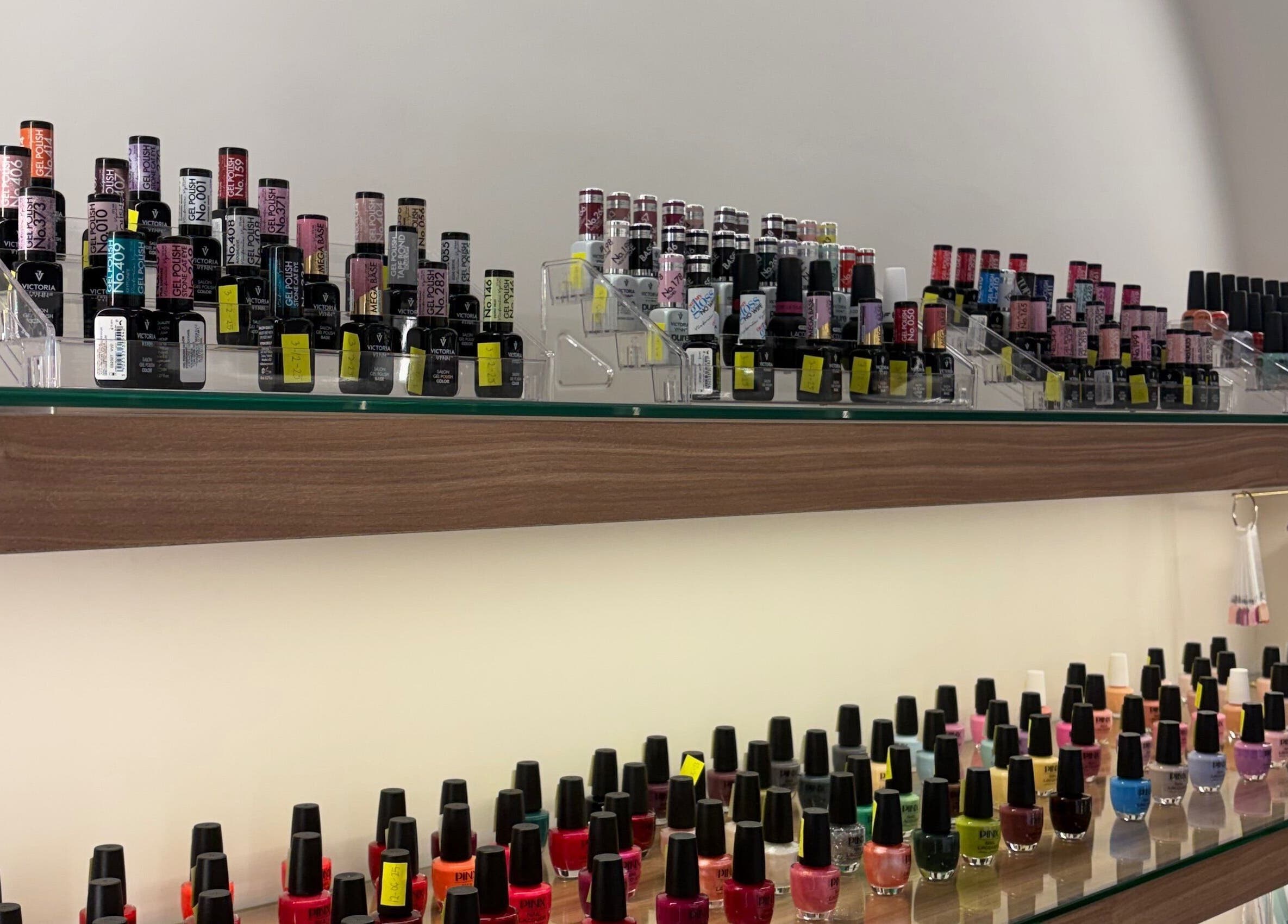 A vibrant nail polish shelf at Diamond Beauty | الماسة in Jeddah, Makkah Province, SA.