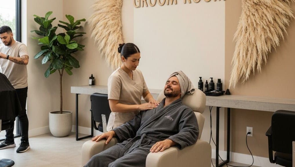 Relaxing massage at The Groom Room, George, Western Cape, ZA. Client in a robe enjoys soothing service.