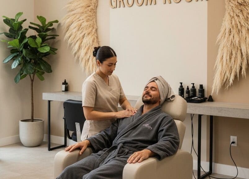Relaxing massage at The Groom Room, George, Western Cape, ZA. Client in a robe enjoys soothing service.