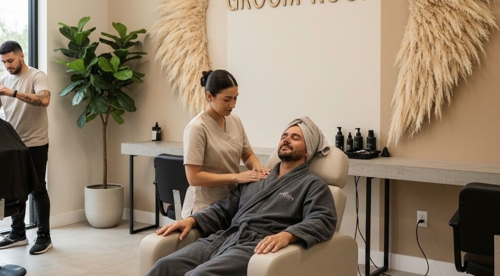 Relaxing massage at The Groom Room, George, Western Cape, ZA. Client in a robe enjoys soothing service.