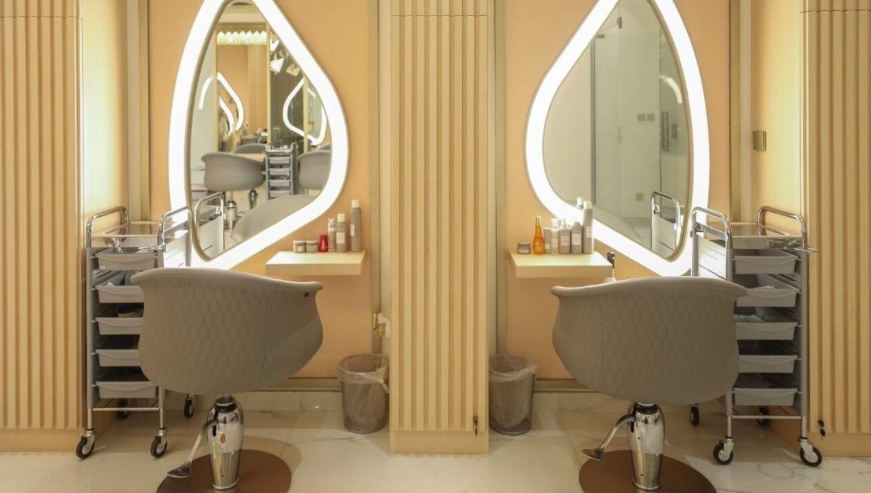 Modern salon chairs and mirrors at Alma beauty center, Riyadh, Riyadh Province, SA.