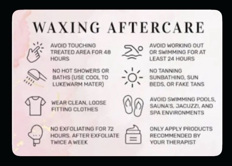 Waxing aftercare guide from Waxed by Rhi, Lakeville, Massachusetts, US, detailing post-waxing tips.