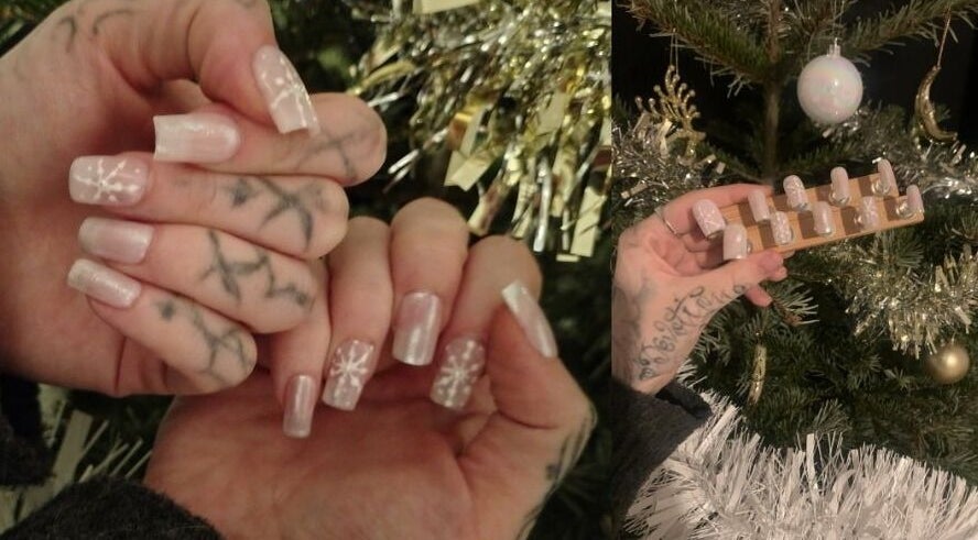 Elegant winter-themed nails with snowflakes at By Julia in Bedford, England, GB.