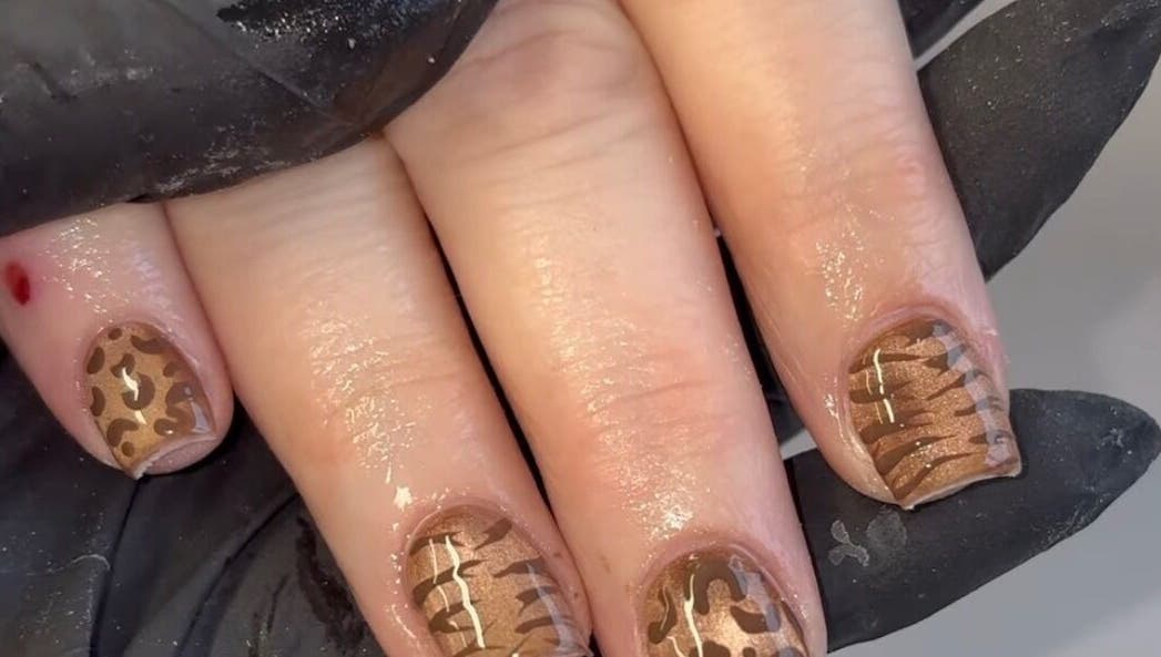 Stylish tiger nail art by Hollie’s Nails in Radcliffe, England, GB, showcasing glossy brown and black patterns.