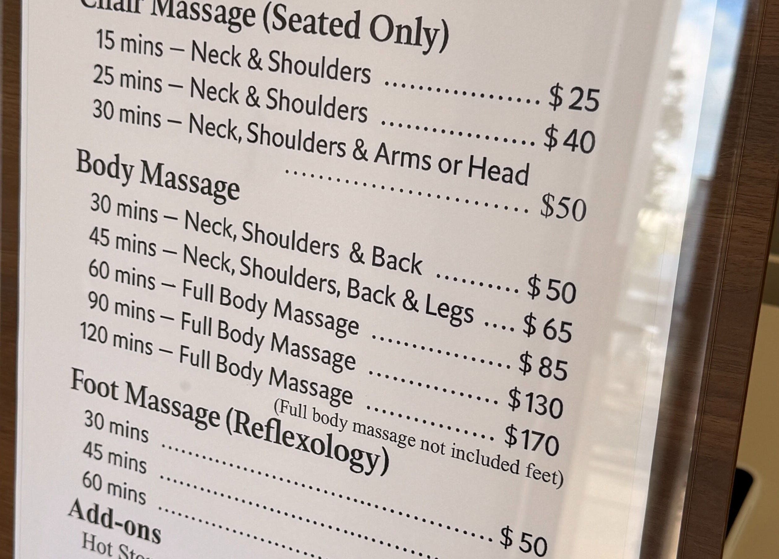 Massage pricing menu at Zenova Massage in Auckland, Auckland, NZ showcasing diverse massage options.