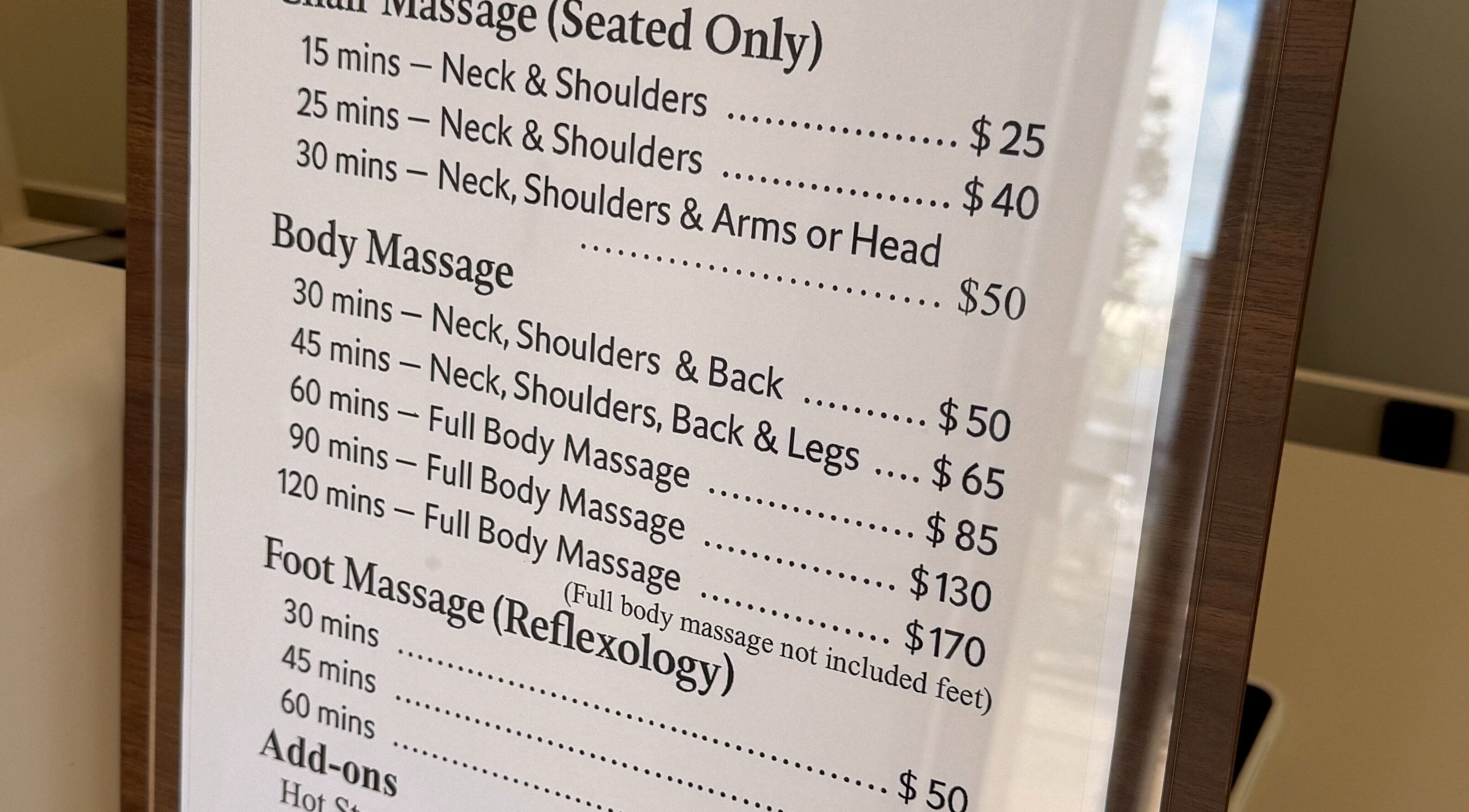 Massage pricing menu at Zenova Massage in Auckland, Auckland, NZ showcasing diverse massage options.