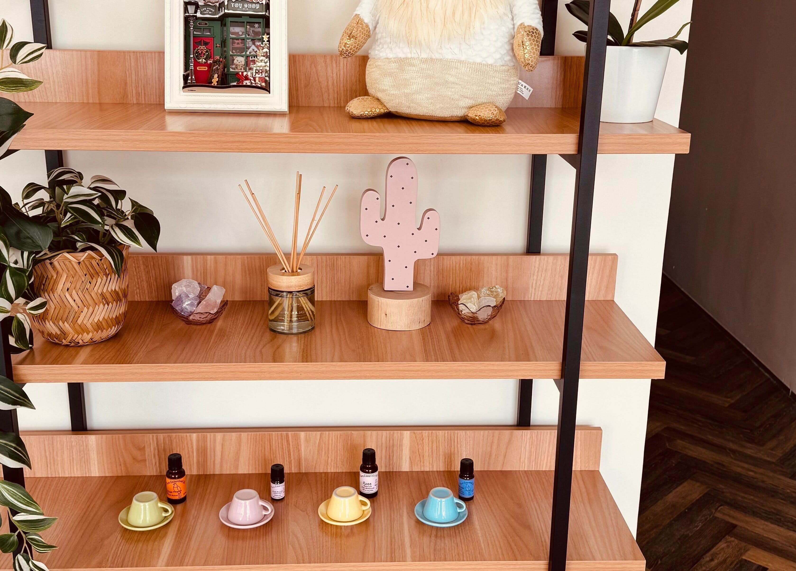 Decorative shelf at Zenova Massage in Auckland, Auckland, NZ with plants, crystals, and essential oils.