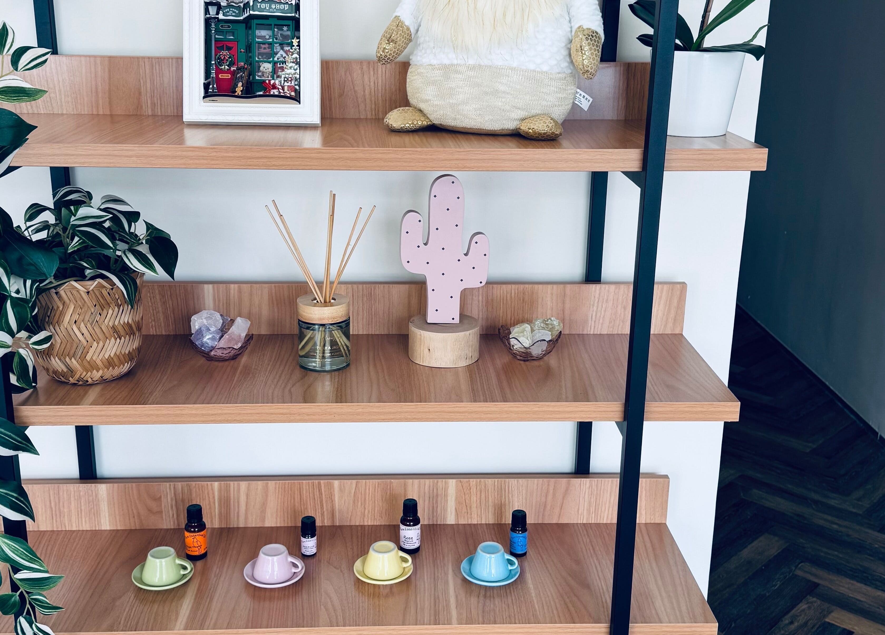 A styled shelf at Zenova Massage, Auckland, NZ with plants, crystals, and essential oils.