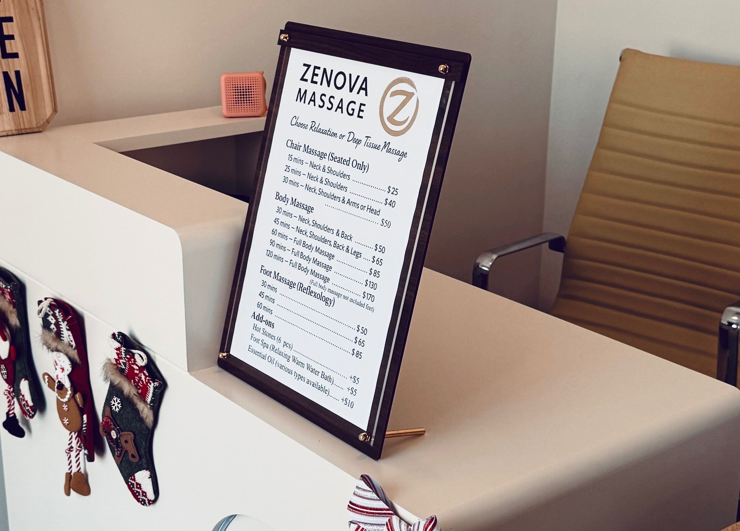Zenova Massage reception with treatment menu at Auckland, Auckland, NZ.
