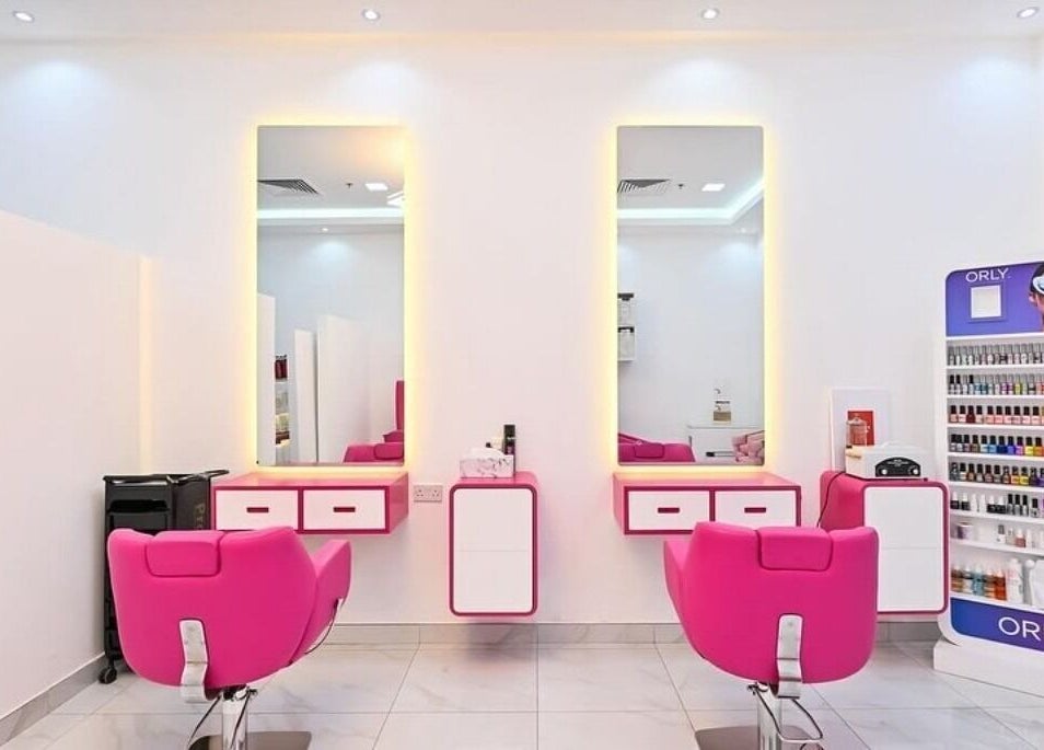 Modern styling chairs and nail polish display at Princess House Beauty Salon, Dubai, Dubai, AE.