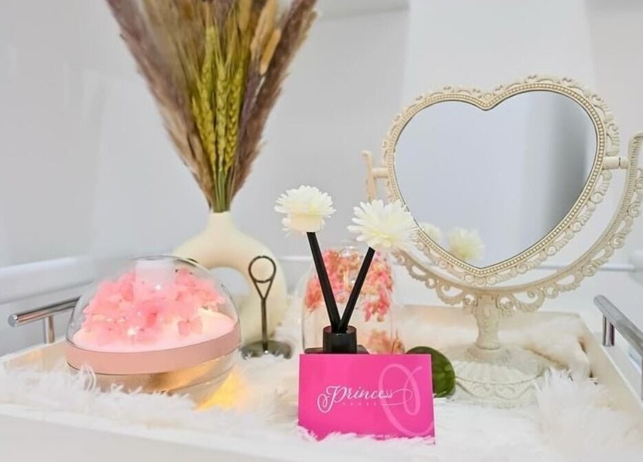 Heart-shaped mirror and decor on vanity at Princess House Beauty Salon, Dubai, Dubai, AE.