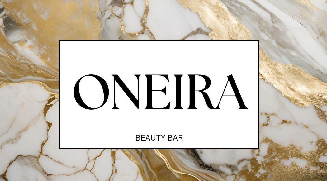 Luxurious gold and white marble background with Oneira Beauty Bar logo in East London, Eastern Cape, ZA.