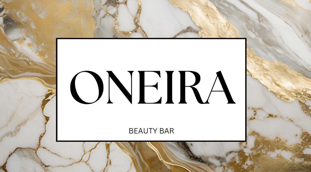 Luxurious gold and white marble background with Oneira Beauty Bar logo in East London, Eastern Cape, ZA.