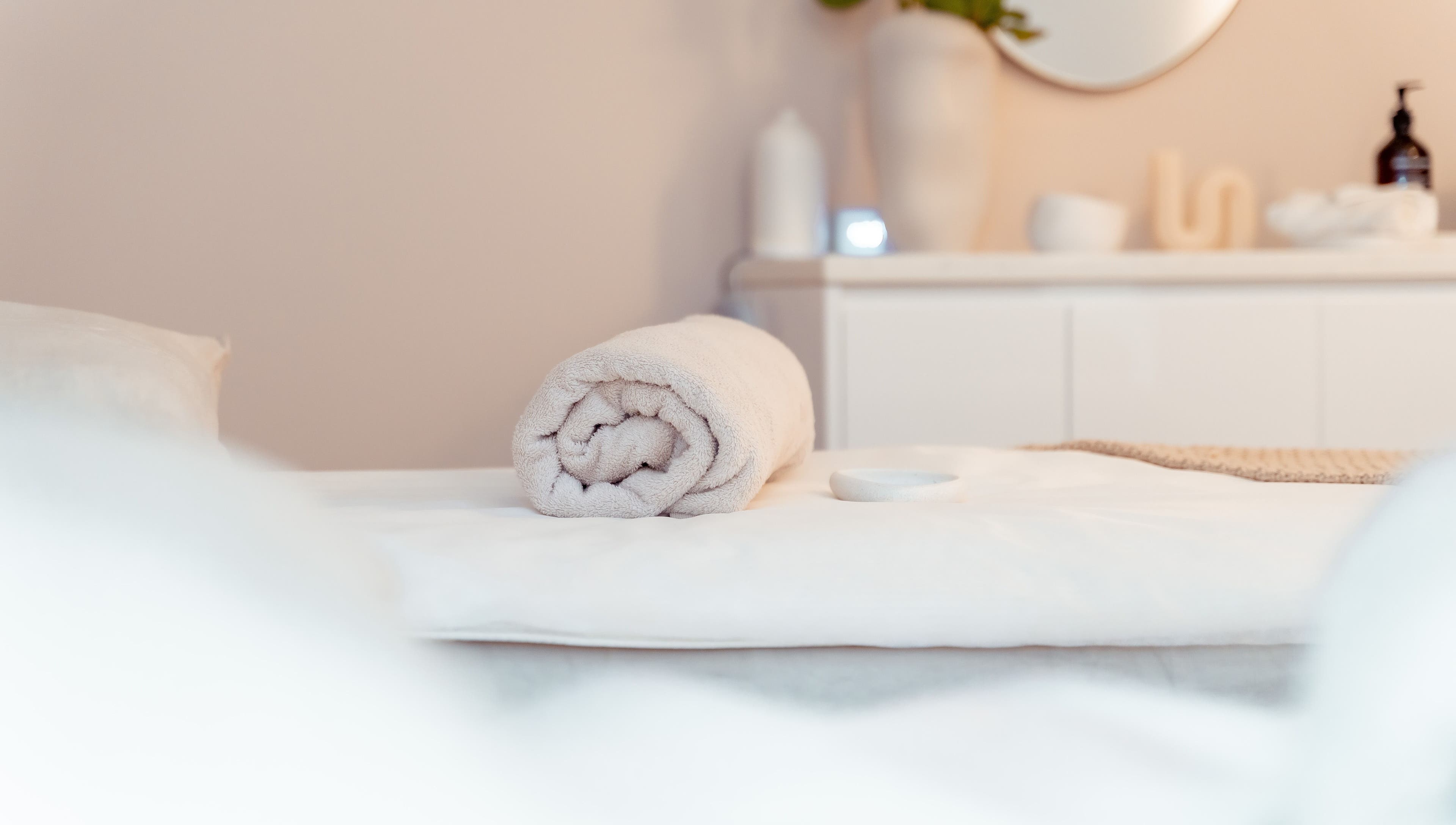 Luxe towel setup in Atma Wellbeing, Dee Why, New South Wales, AU, enhancing relaxation ambiance.