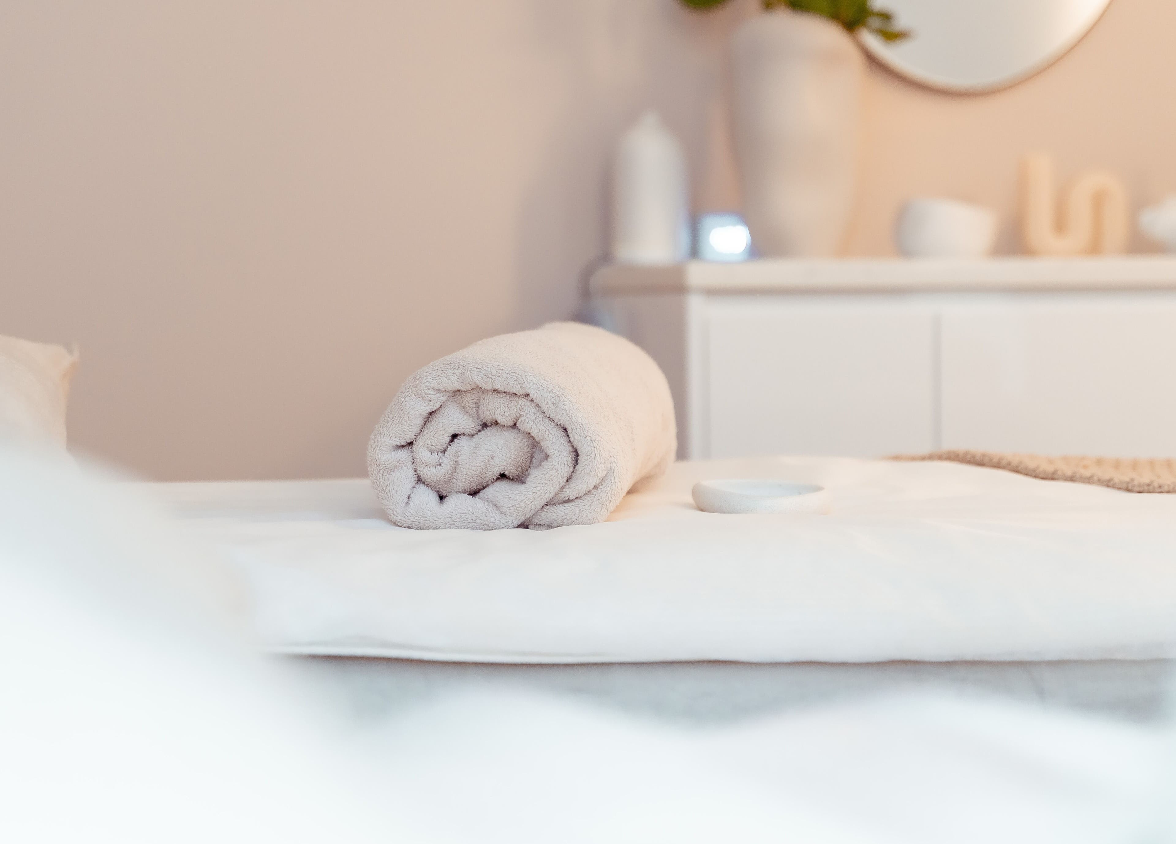 Luxe towel setup in Atma Wellbeing, Dee Why, New South Wales, AU, enhancing relaxation ambiance.