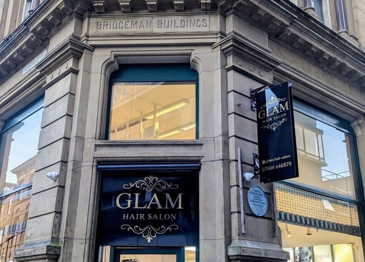 Front view of Glam Hair Salon, located in Bolton, England, GB in the Bridgeman Buildings.